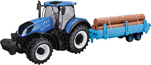 Scala 1:32. TOBAR B18-44068 - Trattore New Holland T7HD con rimorchio per Legna, Scala 1:32, Colore: Blu