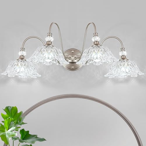 Image of Brushed Nickel Bathroom Vanity Light, 4-Light Vanity Light with Floral Clear Glass Shades, Brushed Nickel Wall Mount Lighting for Bathroom, Dressing Table