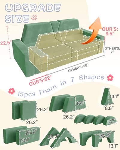 Image of YEFU 15pcs Modular Kids Play Couch,1000+ Imagination Creative Play | for kids ages 1+,7 shapes,countless configurations,30D high-density foam,fort building,washable cover, playroom,birthday gift