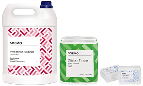 Image of Amazon Brand - Solimo Germ-Protect Handwash Liquid, Refreshing Rose, 5L & 2 Ply Kitchen Tissue Paper Roll - 4 Rolls (60 Pulls Per Roll) & Cotton Ear Buds with Paper Stem - 200 Sticks (Pack of 2)