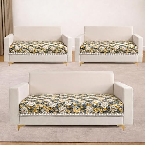 Image of Homerz Premium Printed Quilted Velvet Sofa Slip Cover Protector with Tassels, Sofa Mat, Exact Size, Antislip Cover (Antique Garden, 7 (3+2+2) Seater, Half)