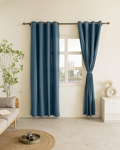 Image of THE LINEN COMPANY Cotton Room Darkening, Light Blocking Curtain 4 feet with Eyelet Rings 2 Pcs Set for Living Room, Dining Hall, Hotel, Farm House (4.5 ft x 4 ft, Sapphire Blue)