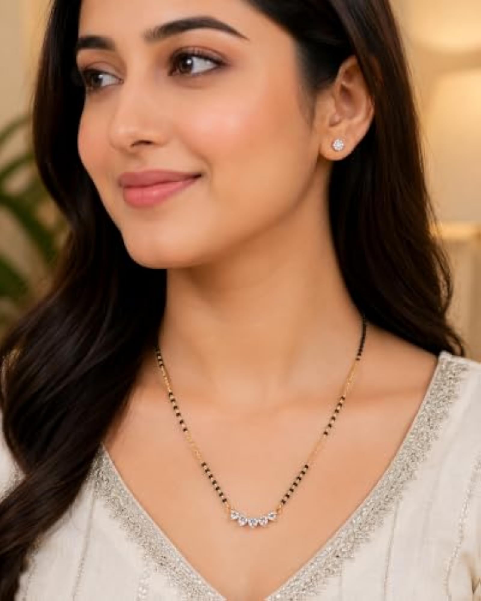 Aarikaa Classic Elegance Black Bead Mangalsutra Necklace with Heart-Cut CZ Pendant