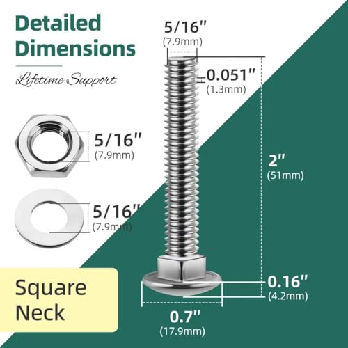 Image of (12 Sets) 5 /16-18 x 2 Carriage Bolts with Nuts and Washers, 304 Stainless Steel Round Head Square Neck 5 /16 Carriage Bolts Screws, Full Thread for Outdoor