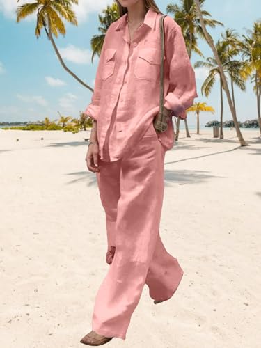 Women's Wide Leg Long Sleeve Cotton Linen 2 Piece Outfits Casual Loose Button Down Blouse and Long Pants Suits3