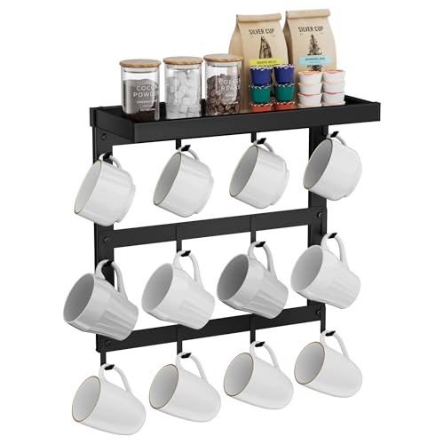 SZUGCOTD Coffee Mug Rack Wall Mounted, Rustic Metal Mug Holder Organizer with 12 Hooks and Top Shelf Cup Storage Rack for Home Kitchen Coffee Bar Station Mug Display and Collection
