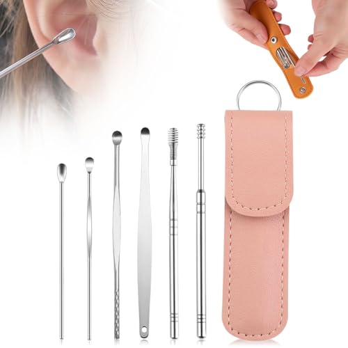 Ear Cleaning Kit, 2024 new 6 Pieces with PU Leather Case, Stainless Steel (Pink)