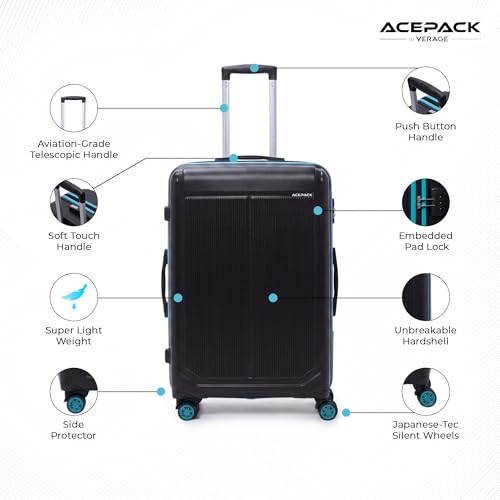 Image of ACEPACK Megatron Set of 2 (S+M) Cabin & Medium Size Hard-Sided Polypropylene Luggage - Lightweight Suitcases with Anti-Theft Zipper & Number Lock (Black + Teal)