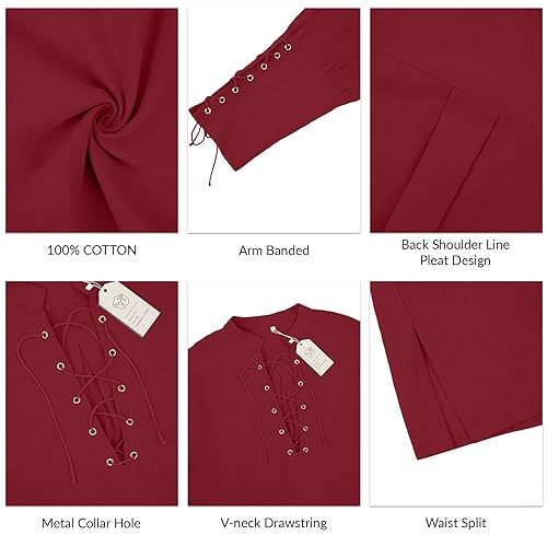 Image of CTU Men's Cotton Shirt Pirate Shirt Medieval Viking Renaissance Costume | V-Neck,Drawstring Collar,Linen Tunic,Ren Faire,Plus Size,Goth,Big and Tall,Halloween