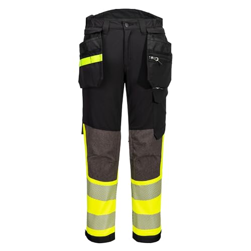 Image of Portwest EV442 EV4 Hi-Vis Stretch Water Resistant Work Trousers with Detachable Holster Pocket - Reflective Breathable High Visibility Workwear, Yellow/Black, 36