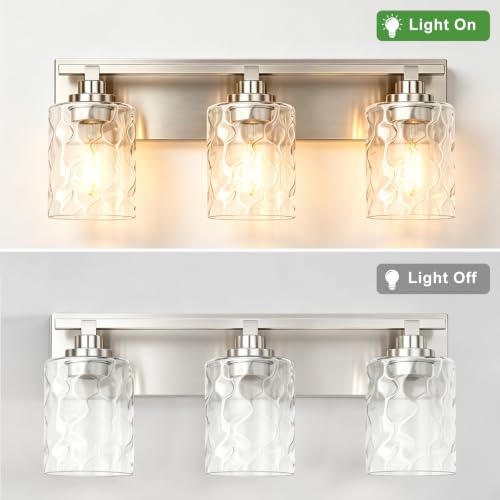 Image of Bathroom Light Fixtures,3-Light Brushed Nickel Vanity Lights Over Mirror | Modern Wall Light,Clear Ripple Glass Shade,Sturdy Metal Frame,For Bathroom Remodel,Easy Install,E26 Socket,ETL-Listed 20-inch
