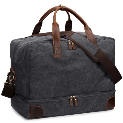 Mens Canvas Travel Duffel Bag Weekend Overnight Bag with Shoes Laptop Compartment Handbag,Gray-As shown