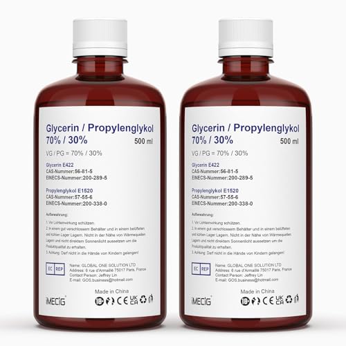 IMECIG 2 x 500ml 70% VG Glycerin/ 30% PG Propylenglykol rein pflanzlich 0% Zusatzstoffe hochwertige Qualität Glycerin Propylenglykol