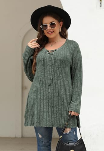 Image of Nemidor Women Plus Size Casual Tunic Top Drawstring V Neck Long Sleeve | 1X-5X plus, ribbed knit, long sweater, solid, semi-fitted flattering cut for curvy women, Fall, Winter, work, daily, dinner