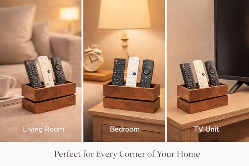 Image of Craft Expertise Wooden Remote Control Holder Stand for Living Room & Bedroom | 3 Compartment Remote Organizer for TV, Sofa & Side Table | Brown Wooden (Medium)