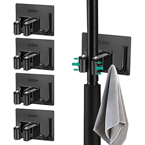 LgowithU Mop Broom Holder, 4 Pack Stainless Steel Self Adhesive Mop Holder Wall Mounted Organizer Broom Grippers with Hooks Hanger for Kitchen Garage Bathroom Closet (Black) Cover