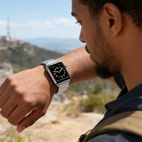Image of Silvery Stainless Steel for Apple Watch Chain Band 38-42mm | 304 Stainless Steel Chain Strap Adjustable Links Double Clasp Fits S10 /Ultra /Se3 Wrist 6.3-8.07in Durable Luxury Metal Band