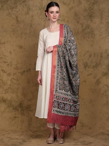 Women's Kalamkari Silk Dupatta with Floral Print and Zari woven Border | Beautiful Flowers Weave Stole, Chunni2