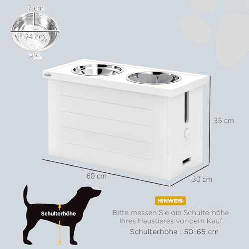 PawHut 2-in-1 Erhöhter Hundenapf Höhenverstellbar Futternapf mit Ständer Stauraum 2 x 2L Edelstahlnäpfen Langsamfuttermatte Fressnapf Futterstation Hundenäpfe für Große Hunde Katzen Weiß