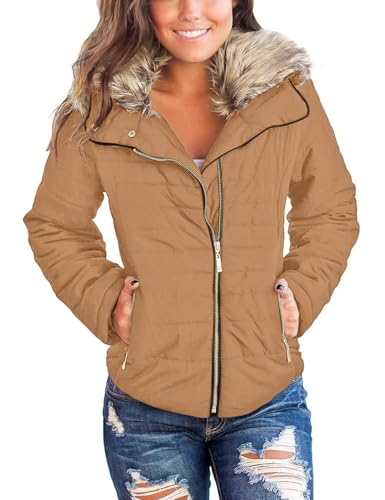 Vetinee Women Casual Faux Fur Lapel Zip Pockets Quilted Parka Jacket Puffer Coat Almond Brown Medium (Fits US 8-US 10)