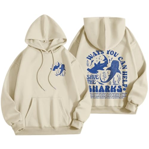Lytiarul Save the Whale Sharks Hoodie for Women Ocean Letter Aesthetic Graphic Sweatshirts Preppy Long Sleeve Pullover Tops(Apricot M)