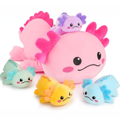 Image of 5 PCS Axolotl Plush Stuffed Animal Family-Axolotl Plush Toys 18.6 inch Large Pink Axolotl Mommy Plushies with 4 Baby Plushie Toy for Kids, Kawaii Body Pillow Christmas Birthday Gifts for Kids Boys Girls