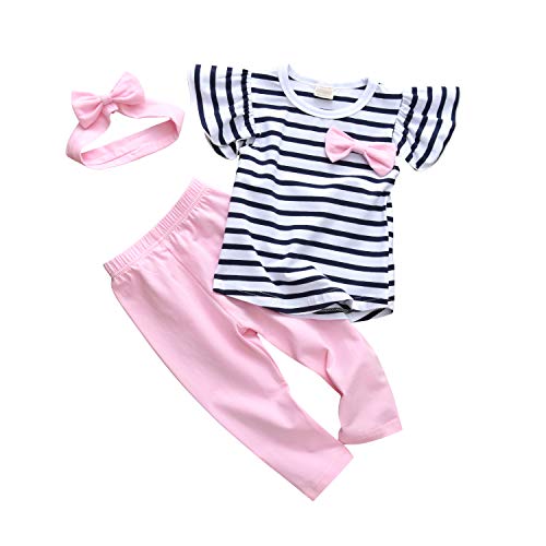 3Pcs Baby Girl Clothes Stripe Ruffle Tops Pink Pants with Headband Outfit Sets (6-9 Months)