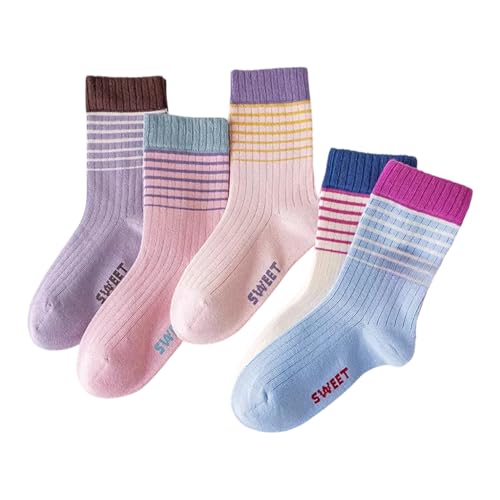 Toddler Girl Sport Socks Ribbed Sock Mouth Striped Breathable Mid Calf Socks Summer 5 Pairs