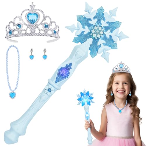 AUYAO Schneeflocke Leuchtend Zauberer Kinder 5PC Prinzessin Kostüm Magischer Zubehör mit Led Zauberstab Kronen Halskette Ohrringe Mädchen Zauberstab mit Licht Sound für Party Halloween Karneval Blau