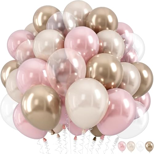 Image of Dusty Pink and Gold Balloon, 12 Inch Double Stuffed Pearl Pastel Blush Pastel Pink Light White Metallic Gold Latex Balloons for Women Girls Birthday Baby Bridal Shower Wedding Boho Party Decorations