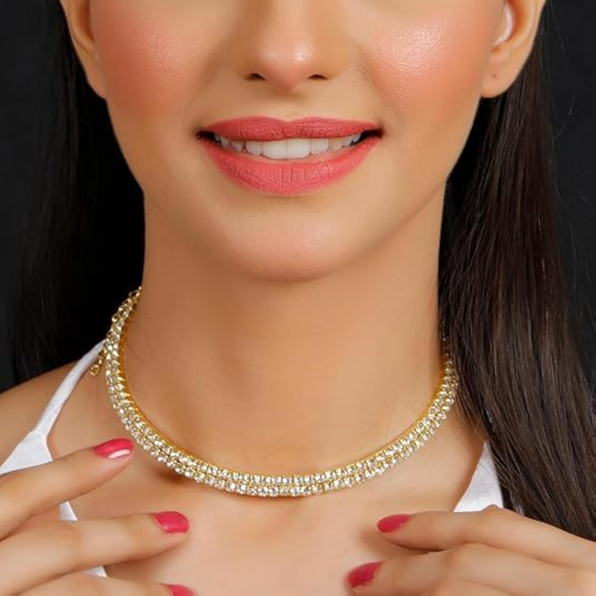 Double Line Diamond Necklace with 24 Synthetic Stones