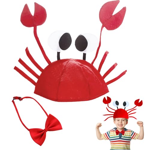 FUIPVGI 2 Piezas Conjunto de Disfraz de Cangrejo Incluye Pajarita Roja y Sombrero de Cangrejo Ajustable, Sombreros de Disfraces para Carnaval Cosplay Navidad Halloween Accesorios para Disfraces (Rojo)