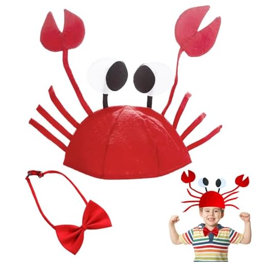 FUIPVGI 2 Piezas Conjunto de Disfraz de Cangrejo Incluye Pajarita Roja y Sombrero de Cangrejo Ajustable, Sombreros de Disfraces para Carnaval Cosplay Navidad Halloween Accesorios para Disfraces (Rojo)