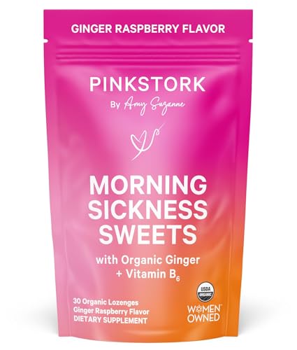 Pink Stork Morning Sickness Sweets, Organic Raspberry Ginger Candy with Vitamin B6, Support for Motion Sickness, Prenatal Heartburn - Pregnancy Must Haves - 30 Wrapped Drops