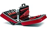Construcción con material ABS resistente, color rojo, equipada con una gama de herramientas KNIPEX para trabajar en sistemas, con certificación DIN EN/IEC 60900