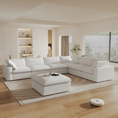 Image of 160 inch Cloud Couch Modular Sectional Sofa for Livingroom,Oversized Convertible Sofa with Storage Ottomans,7 Seat Wide Couches,Cushion Covers Removable,White