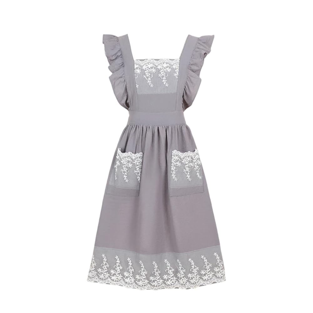 BDKMMS Cotton Cooking Apron, Household Aprons Dress with Side 2-Pocket, Lace Cooking Baking Dress for Gardening c