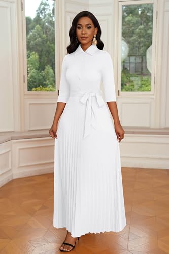 Image of Runwind Maxi Dresses for Women, 3 /4 Sleeve Botton Down Pleated Long Dress with Belt Casual Church Dress with Pockets