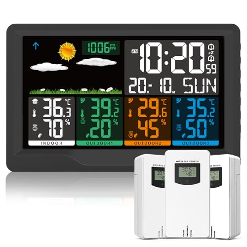 Qxmcov Wetterstation Funk mit Außensensor, Multifunktionale Wetterstation Funk mit 3 Außensensor Digital Thermometer Hygrometer Außen Innen...