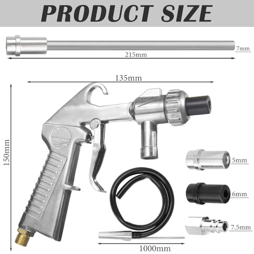EUMAYES Sandstrahlpistole Druckluft Set, Sandstrahlen Pistole Kit mit Langer Sandstrahldüse und Metalldüsen von 5MM/6MM Kaliber, 1M Langem Gummischlauch und Luftanschlussnippel für Sandstrahlen