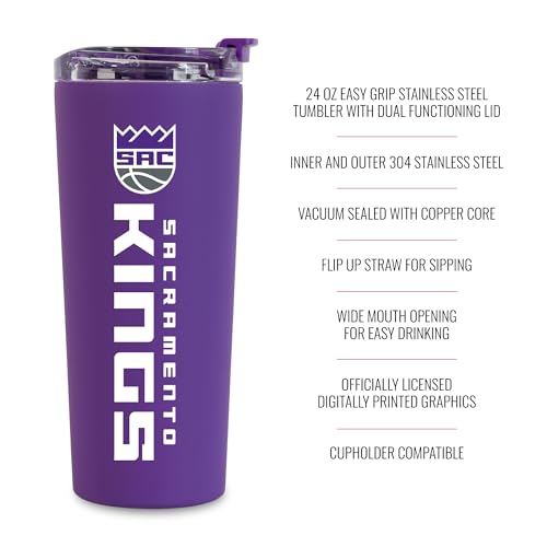 Image of Rico Industries NBA Basketball Sacramento Kings Purple 24oz Stainless Steel Tumbler with Lid and Dual Functioning Lid