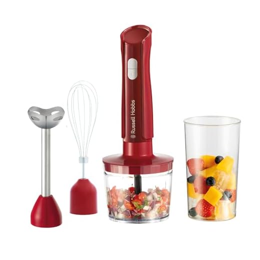 Russell Hobbs Batidora de mano [3 en 1] Desire Red (Triturar, Batir y Picar, Recipiente 500 ml + Vaso 600 ml, Acero inoxidable, 2 Velocidades + Pulso, Sin BPA, Accesorios Aptos Lavavajillas) 27142-56