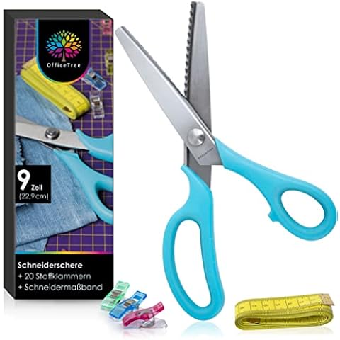 OfficeTree Zickzackschere Stoff Set - 20x Stoffklammern & 1x Maßband - Zackenschere Stoffschere Zickzack Cover