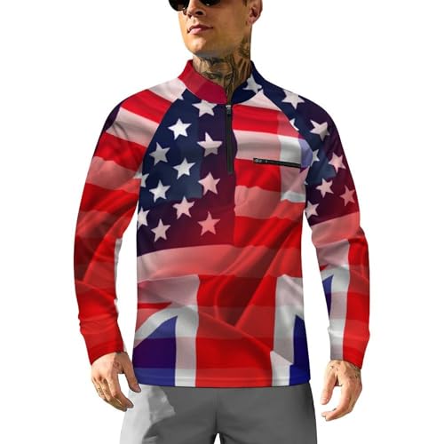 Flags of USA and UK Men's Rash Guard Long Sleeves Quick Dry Fishing Workout Shirts with Zipper