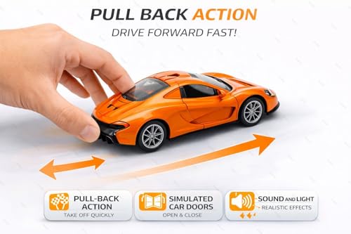 Image of 1:36 Scale McLaren 720S Toy Car - Die-Cast Metal Pull Back Vehicle with Openable Doors, Lights & Music - Sports Model for Kids, Boys & Collectors (Orange)