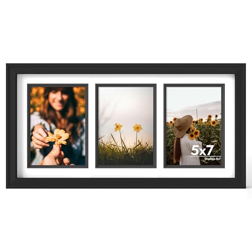 iRahmen 5x7 Collage Picture Frame with Tempered Glass - Wood Photo Frames Display Three 5 x 7 Pictures with Mat Home Decor Wall Mount Black