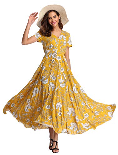 Image of VintageClothing Women's Floral Maxi Dresses Boho Button Up Split Summer Casual Long Dress Beach Party Dress