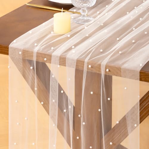 Socomi Pearl Table Runner Tulle Ivory White Summer Cheesecloth 10FT Gauze Cheese Cloth Sheer Chiffon Dining Wedding Birthday Party Baby Shower Bridal Anniversary Holiday Centerpiece Table Decor