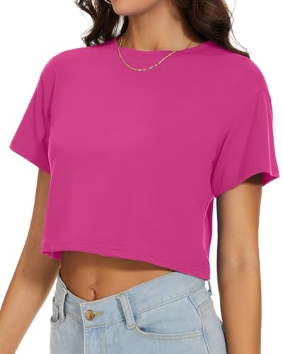 Image of Womens Summer Crop Tops Short Sleeve Round Neck T-Shirts Loose Fit Casual Blouse 2026