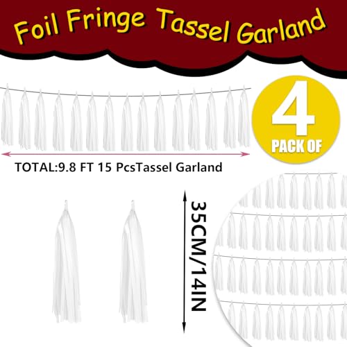 Image of 4P White Foil Fringe Metallic Tassel Streamers Banner Tassel Garland for Parade Floats, Graduation, Wedding, Birthday, Halloween, Christmas, Bridal /Baby Shower Party Decorations